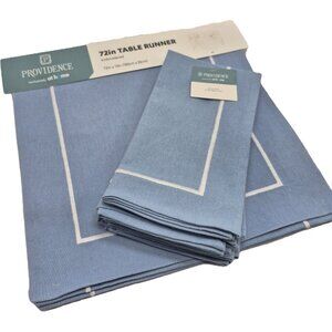 At Home Providence 72in Table Runner & 4 Napkin Set Linens Blue White Embroidere